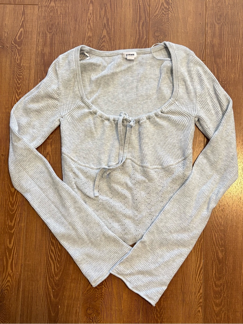 Garage Light Blue Ribbed Tie-Front Long Sleeve Top